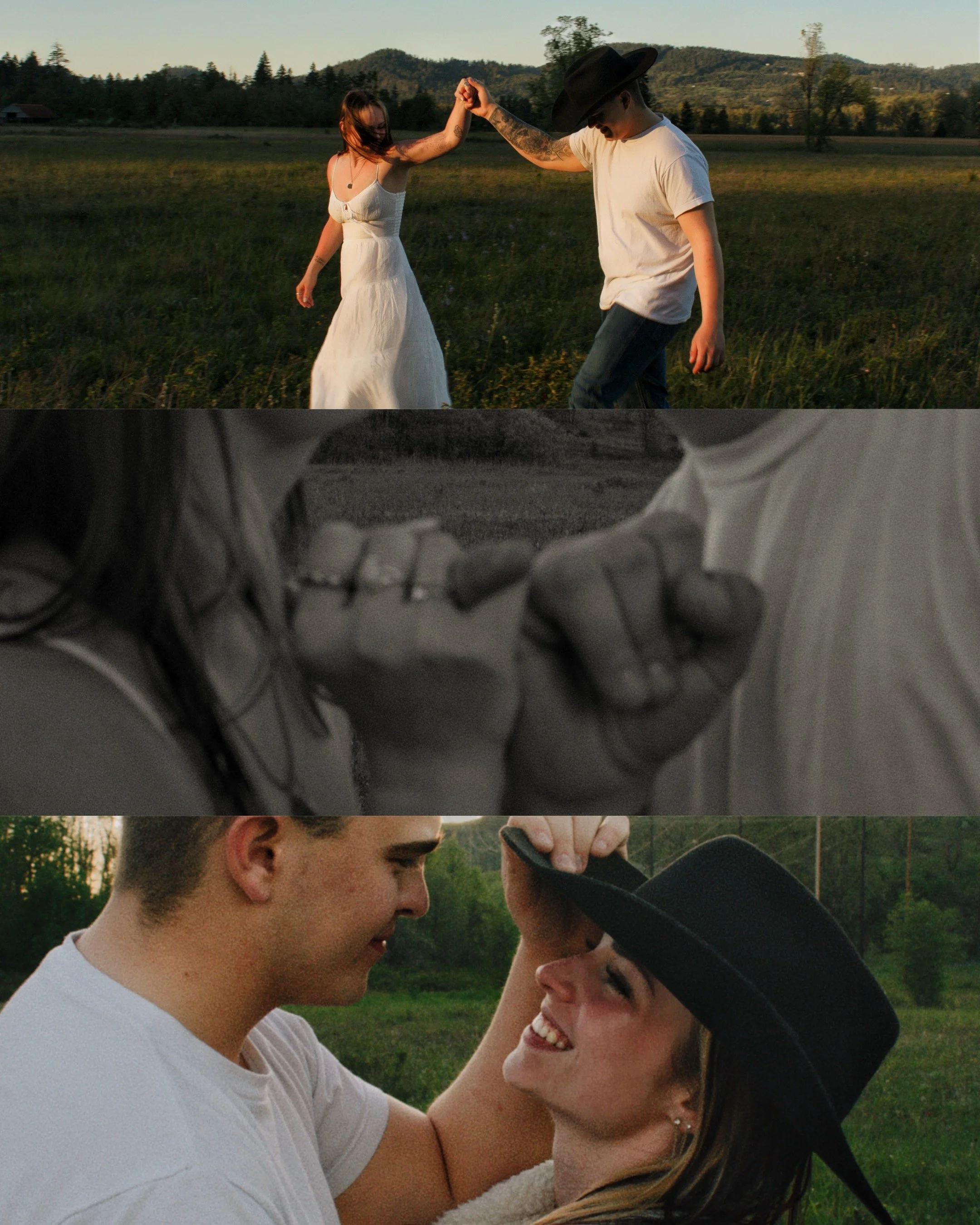 Two young people, a man and a woman, are outdoors in a grassy field, smiling and touching foreheads. The woman is wearing a white dress and the man is wearing a white t-shirt and a wide-brimmed hat.
