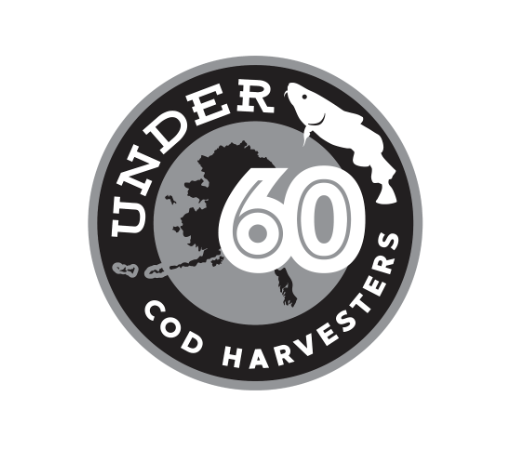 A circular logo for Under 60 Cod Harvesters, featuring a white fish and a map of the state of Michigan.