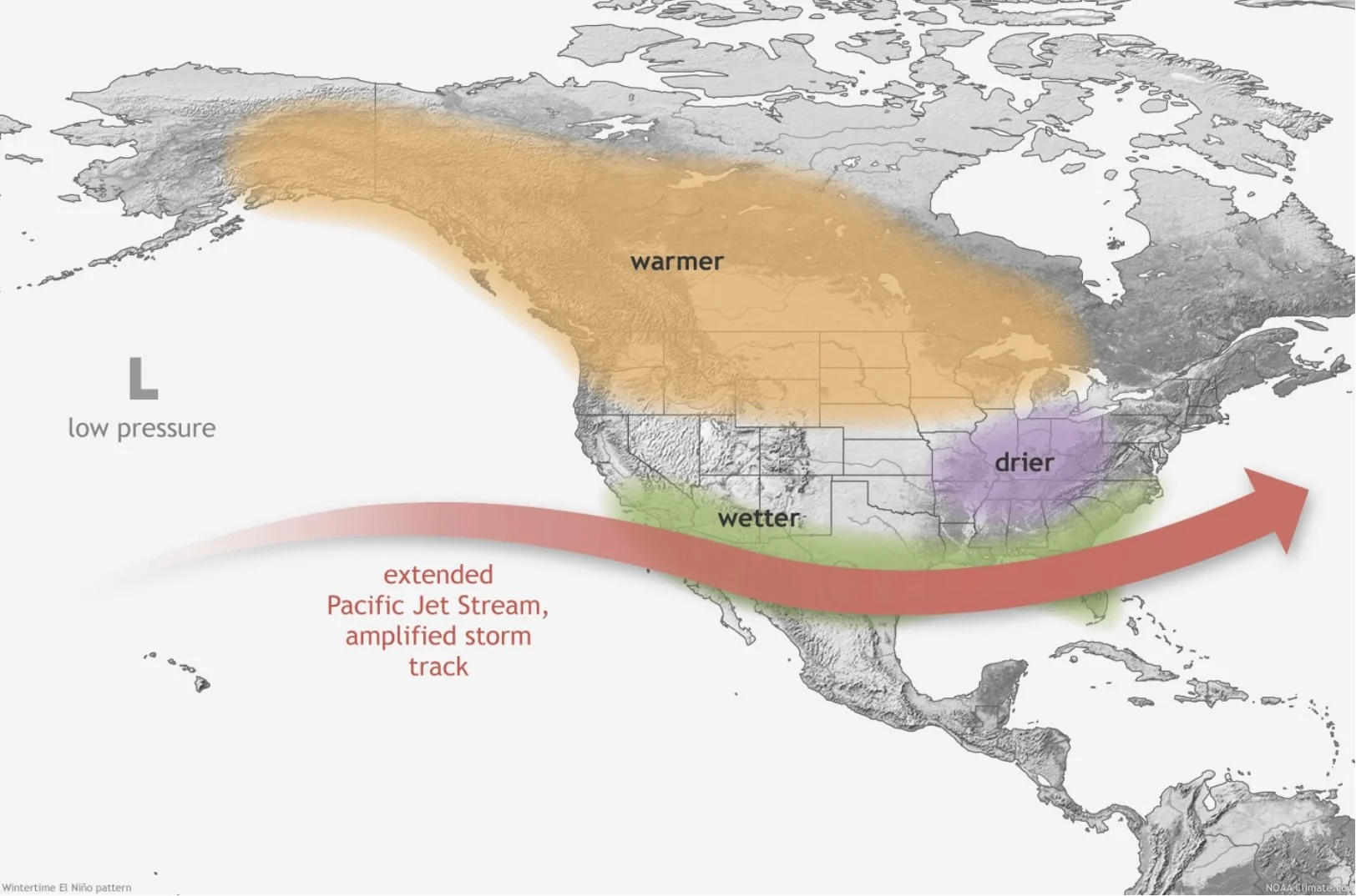 NOAA map showing expected effects of El Niño in the United States.