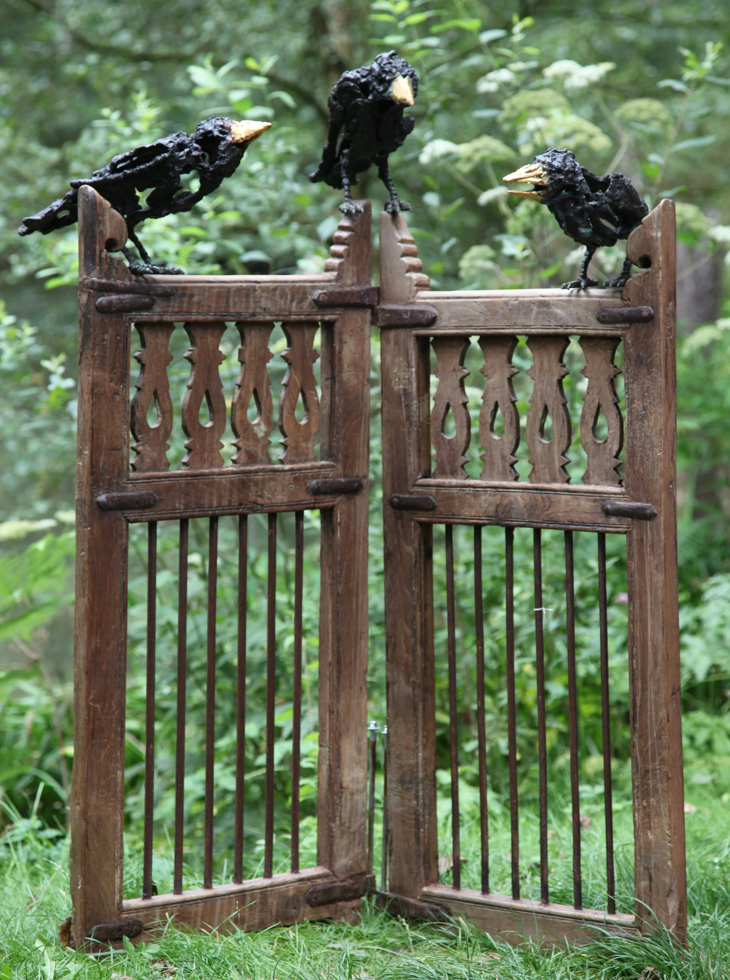 Three Crows on a pair of gates, Bronze with gold plate on a pair of teak and iron gates