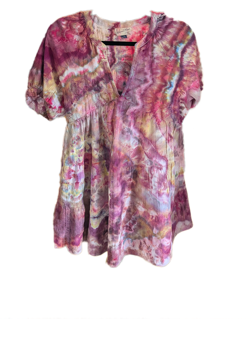 Colorful ice tie-dye peasant style dress with short puffed sleeves, V-neck, and waist seam.