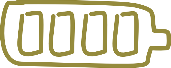 Outline drawing of a battery with four blocks to signify it being full, in an olive green color.