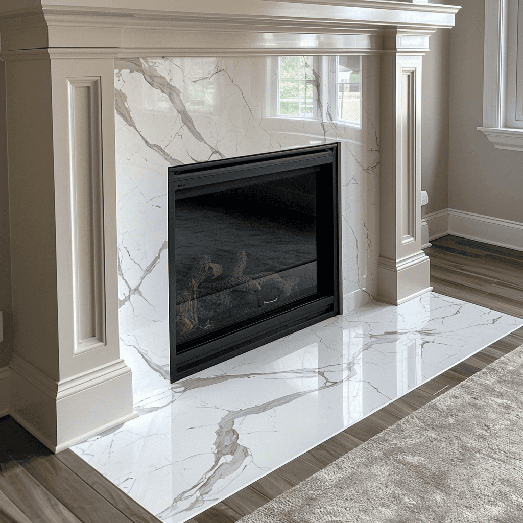 A modern fireplace with a white marble surround and black glass doors in a living room.