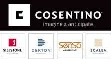Logos of Cosentino, Silestone, Dekton, Sensa, and Scalea brands
