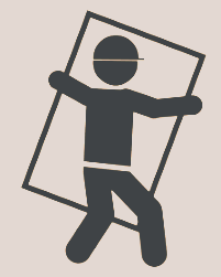 Silhouette of a person carrying a large picture frame.