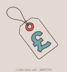A price tag with a dollar sign and a red circular accent, attached to a string.