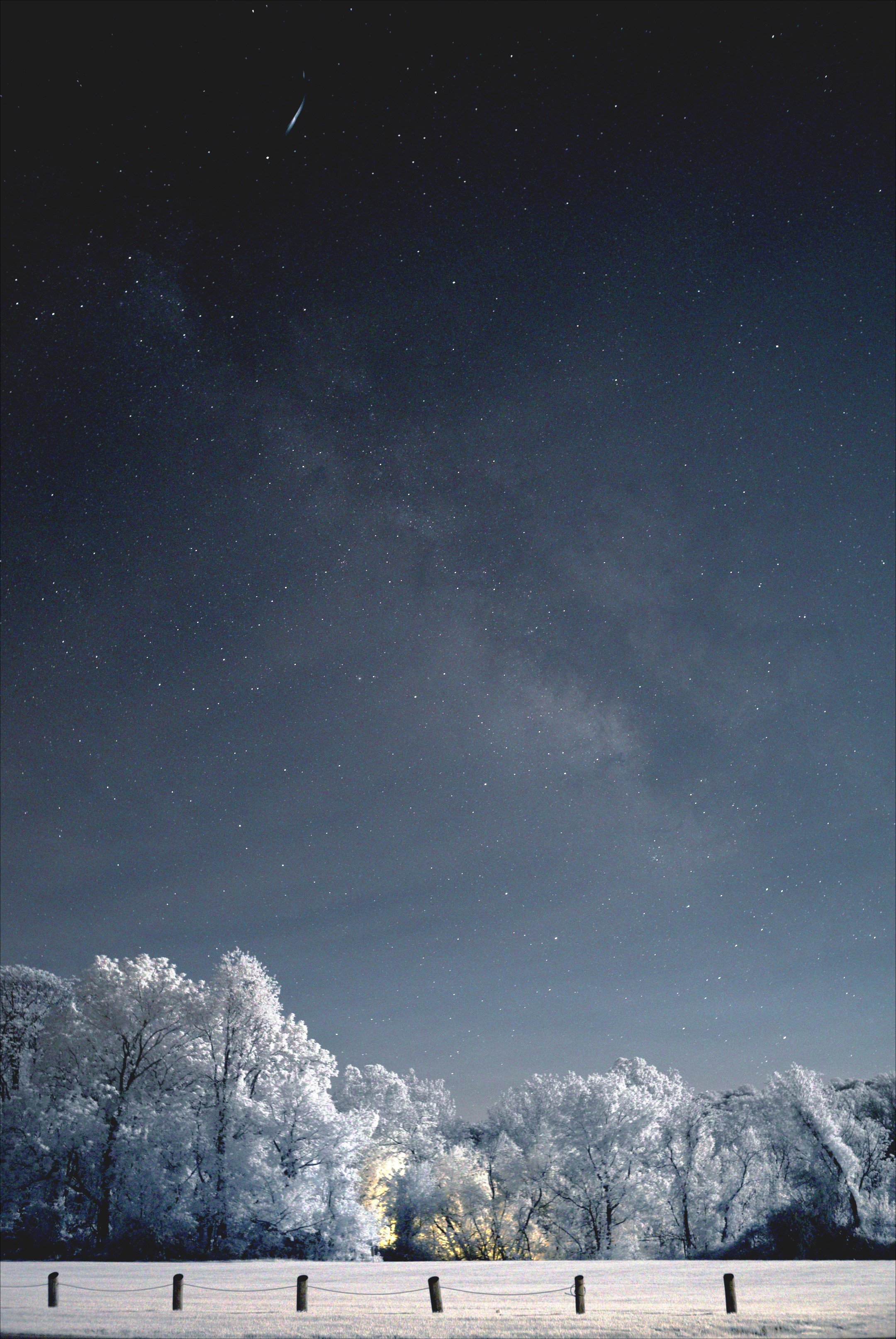 An infrared image of the milky way rising over a treeline illuminated by the full moon