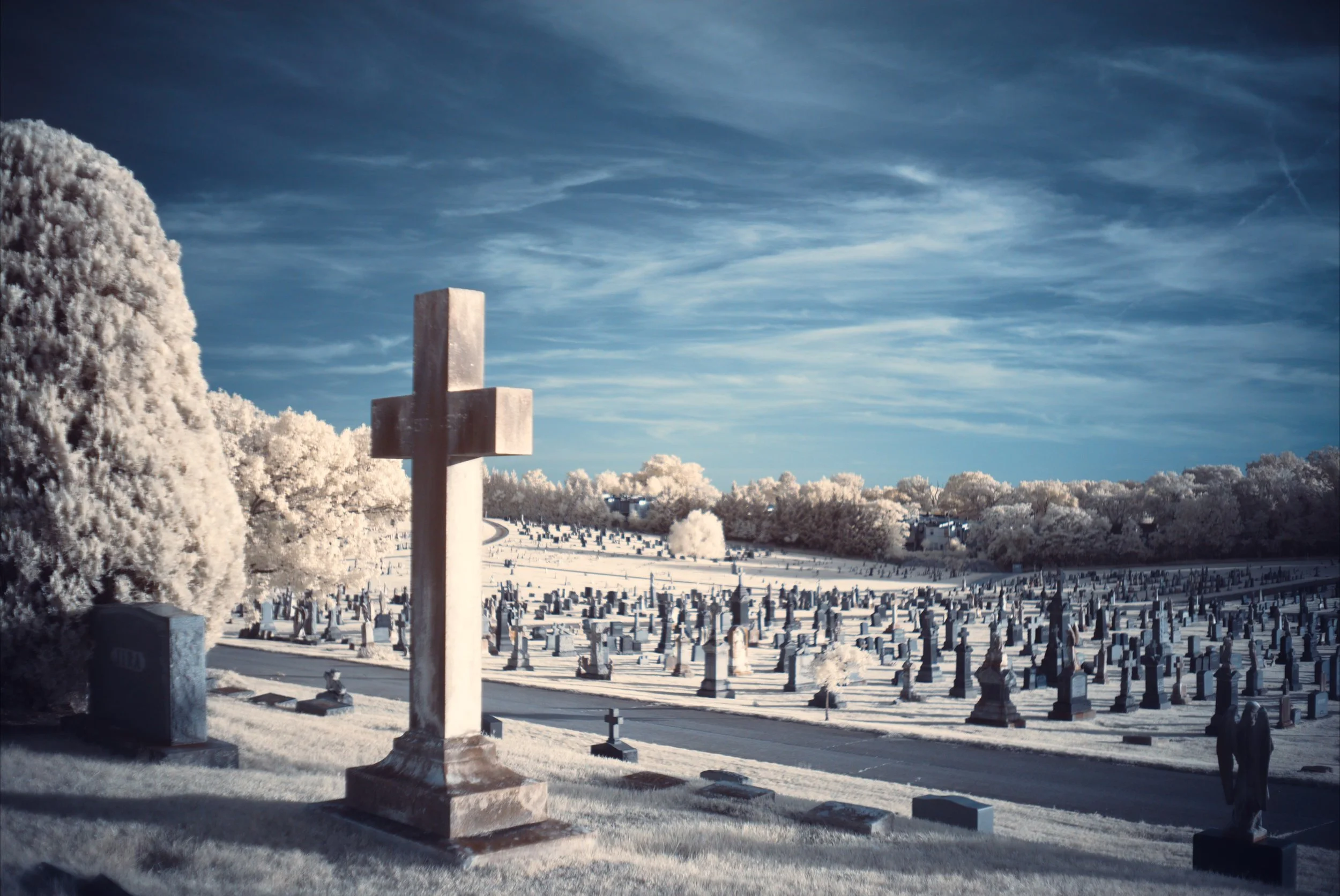 An infrared image of a graveyard with a prominent cross gravestone overlooking the cemetery 