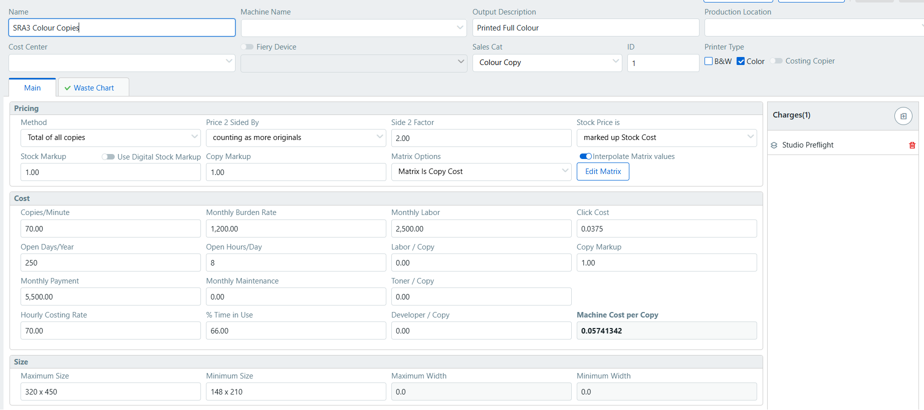 PrintSmith copier pricing settings