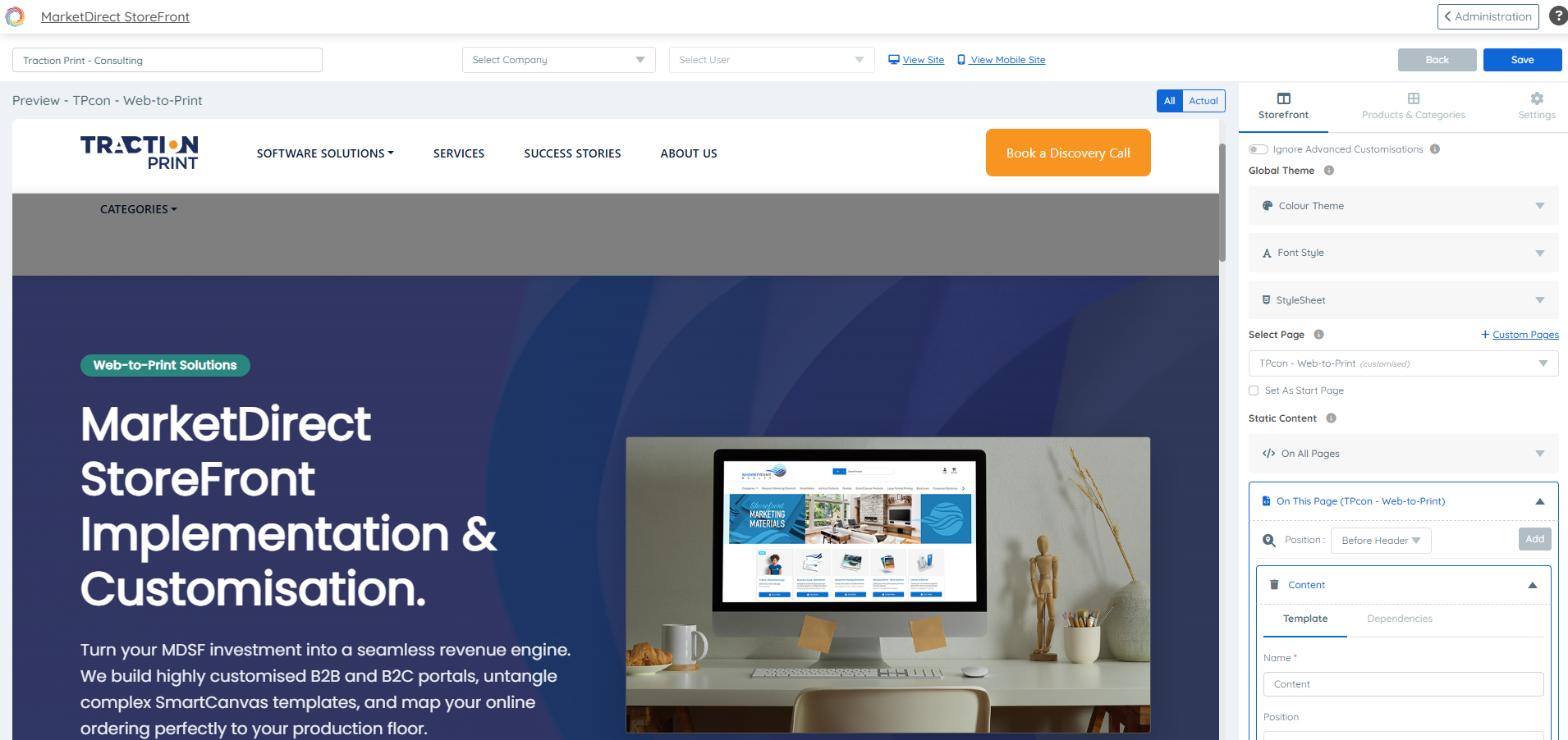 Screenshot of the MarketDirect StoreFront builder page