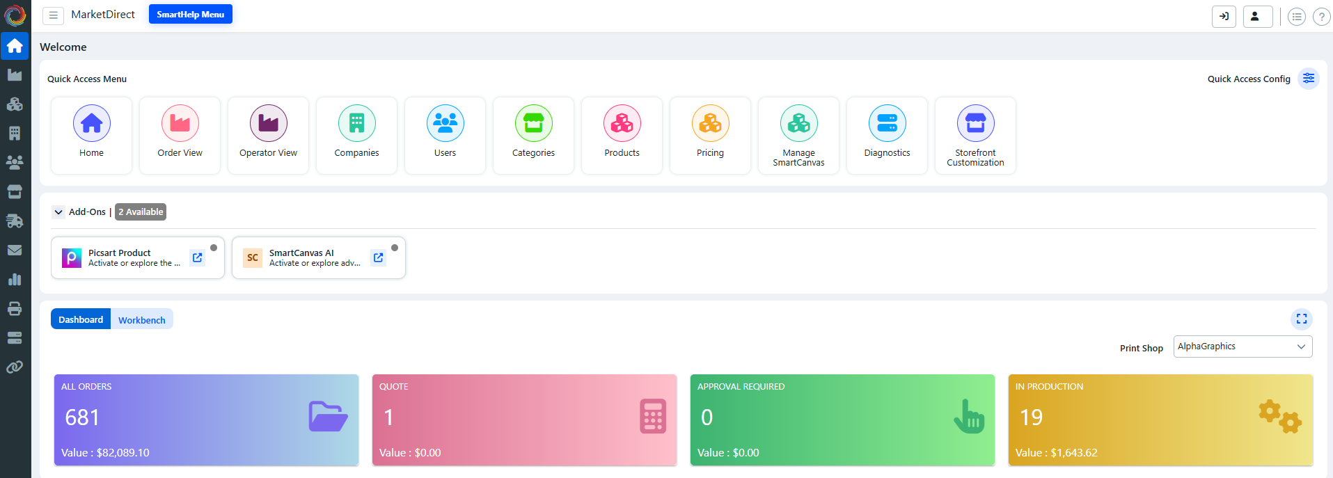 Screenshot of a business management dashboard displaying various sections such as Home, Order View, Operator View, Companies, Users, Categories, Products, Pricing, Manage SmartCanvas, Diagnostics, and Storefront Customiation. There are also add-ons like Picsart Product and SmartCanvas AI. The dashboard includes order statistics, with a total of 681 orders valued at over $82,000, and other metrics like quotes, approval requests, and production counts.