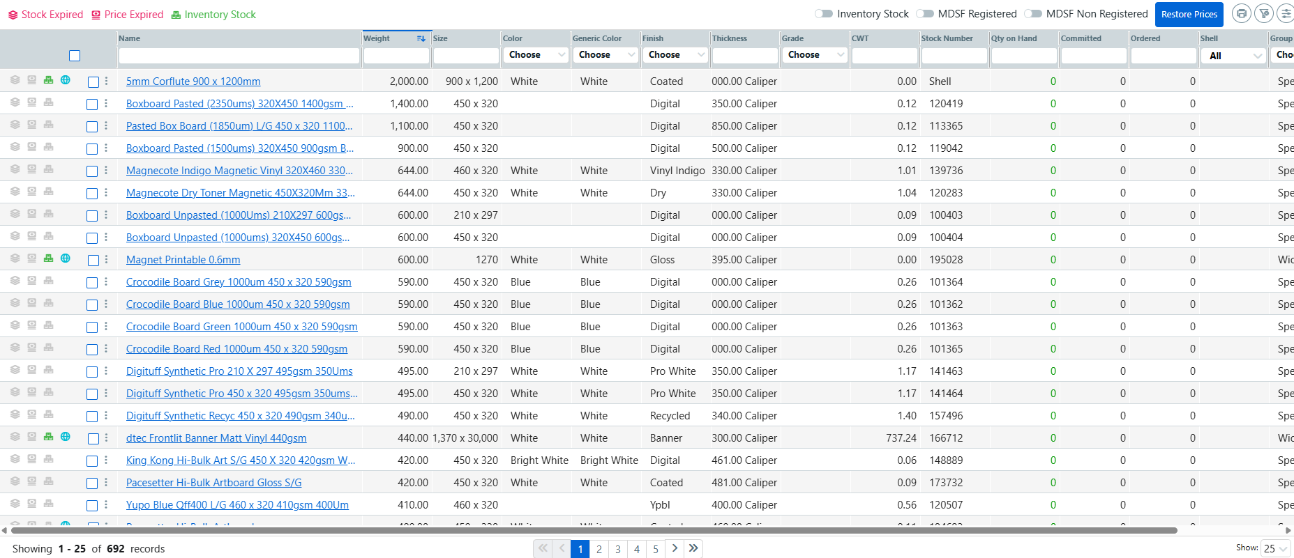 PrintSmith stock definitions table