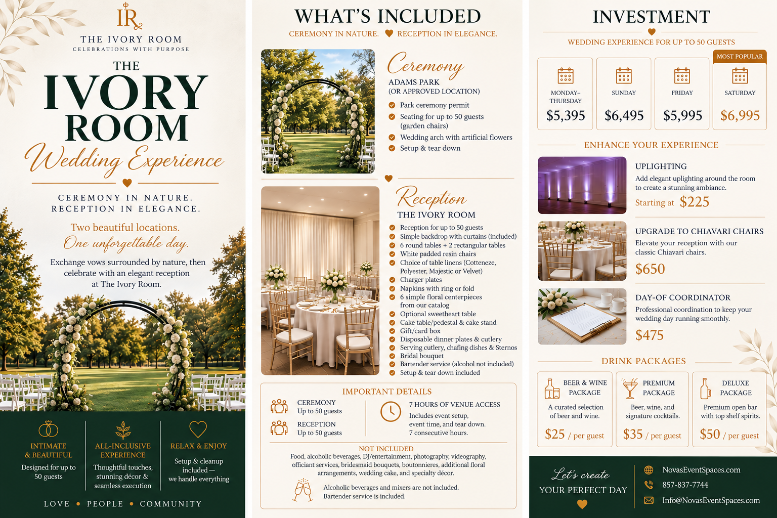 Wedding ceremony, reception,  round tables, linens, flower