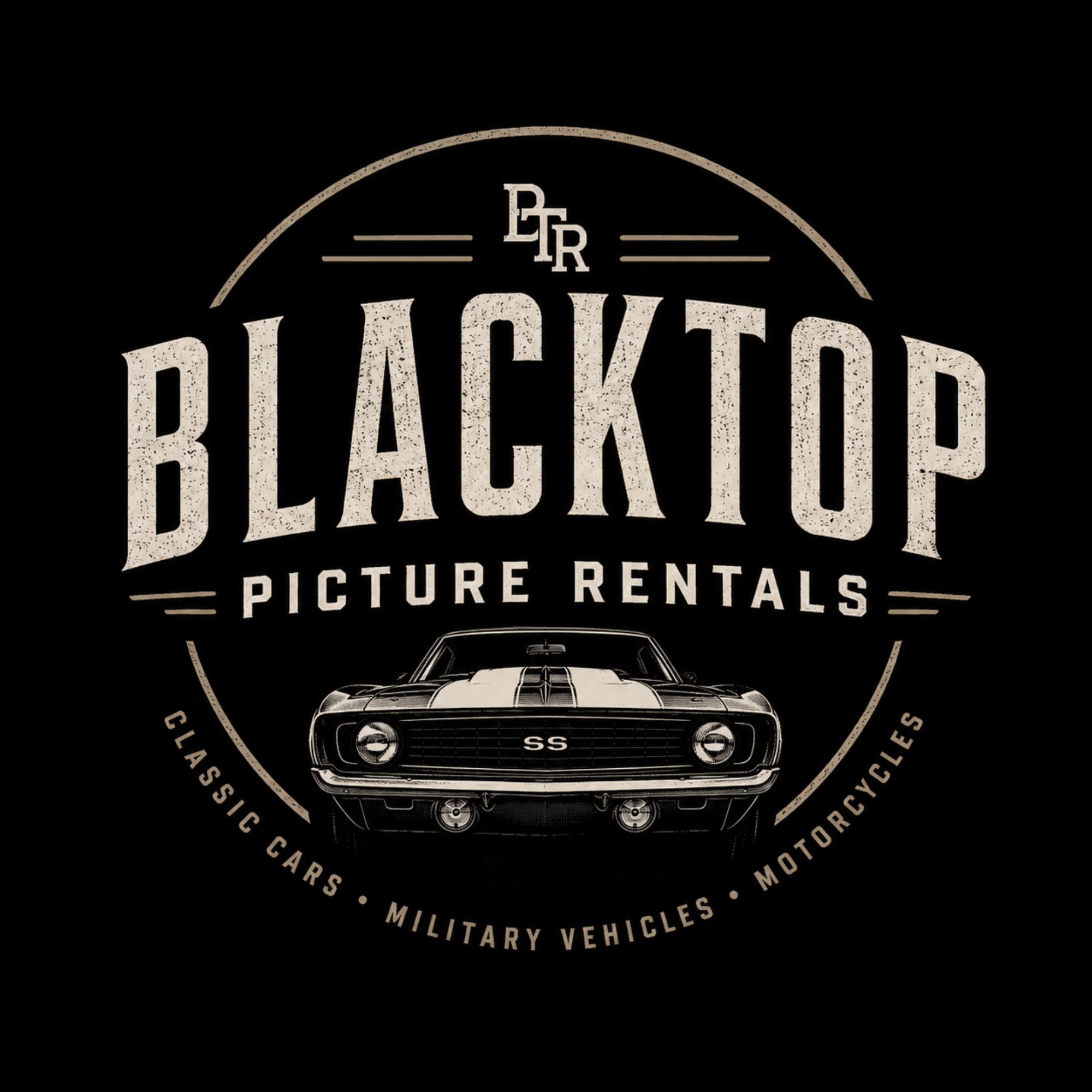 Logo for Blacktop Car Club featuring a vintage muscle car and text indicating services like picture rentals, automotive, motorcycle, and vintage vehicles.