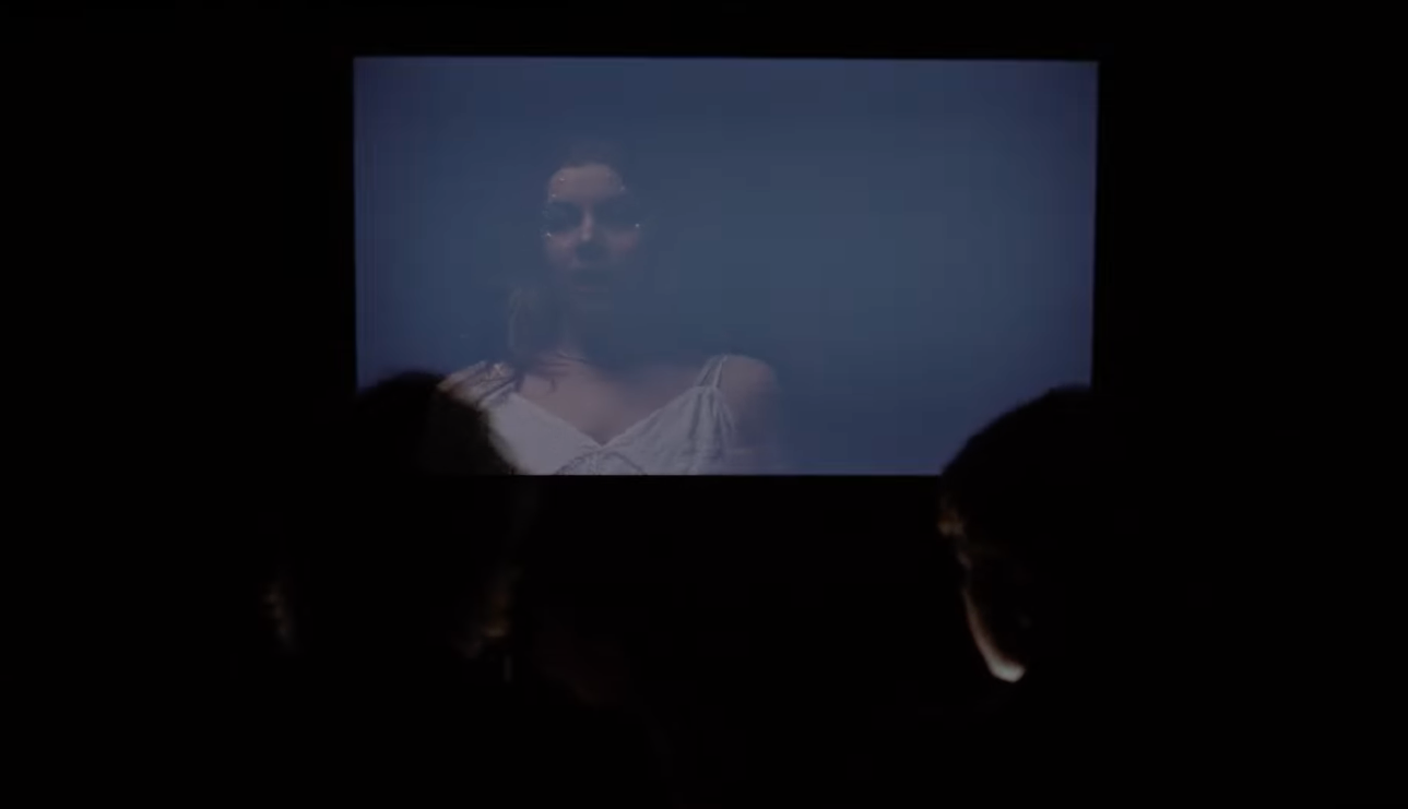 A dark theater with an audience watching a film or presentation on a screen that shows a woman with glasses and a white top, with her face slightly obscured.
