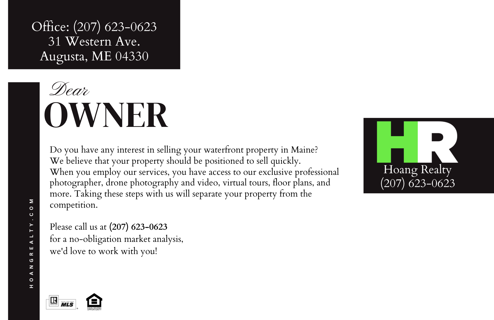 Real estate marketing flyer from Hoang Realty, featuring contact information at top and bottom with a logo, with promotional text about selling waterfront property in Maine, and a call to action to call for property analysis.