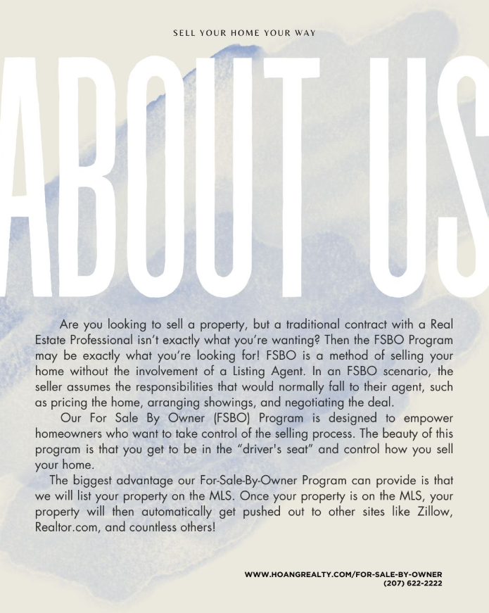 A flyer titled 'About Us' explaining a real estate program called FSBO, which helps homeowners sell their property without a listing agent, emphasizing control over the selling process and listing property on the MLS. Includes website URL and phone number.