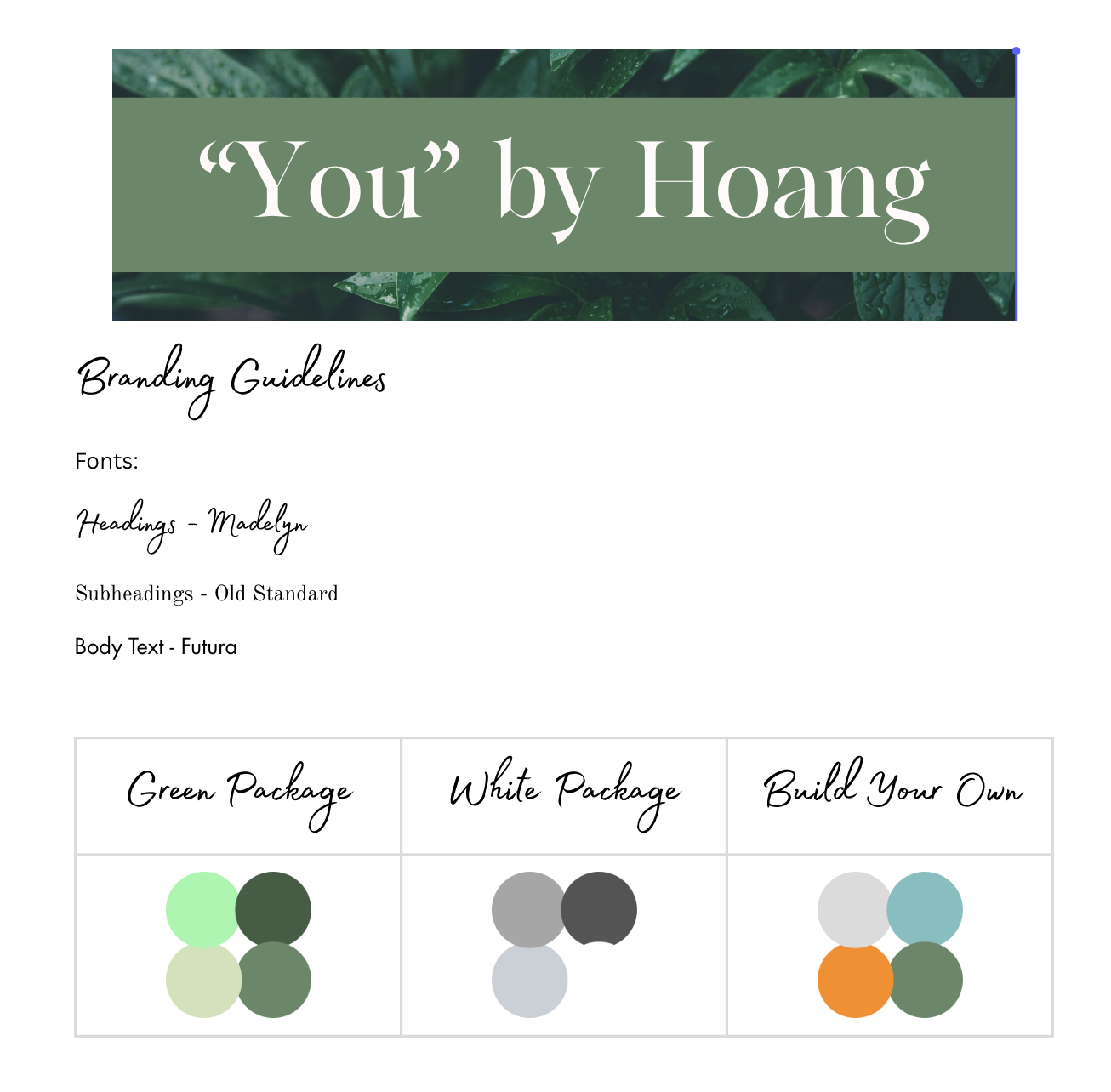 A branding guidelines document with a leafy green background header, the title "You" by Hoang, and sections for fonts, headings, subheadings, and body text, along with three color package options displayed with corresponding color palettes.