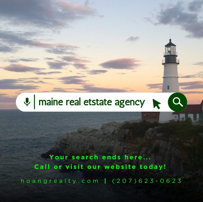A lighthouse on a rocky coastline at sunset with a cloudy sky, found on a real estate company's website.