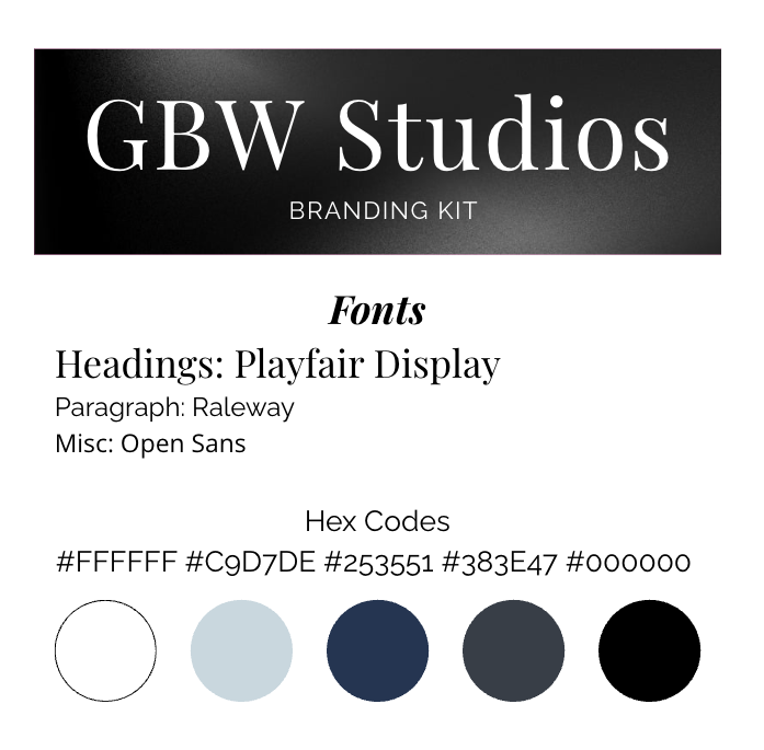 Design branding kit sample with black, gray, and white color palette, showing font styles including Playfair Display and Raleway, and hex color codes.