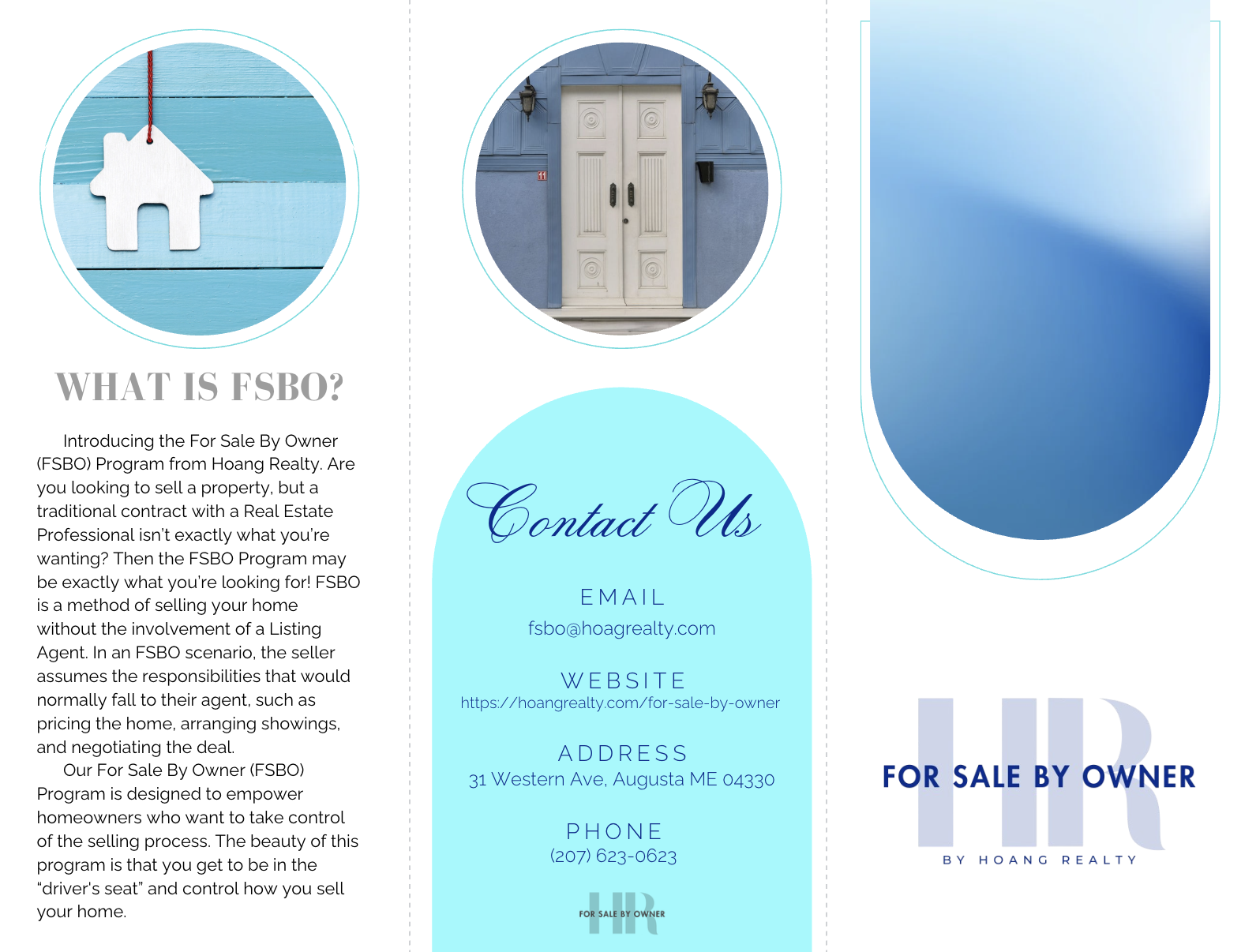 A flyer promoting a For Sale By Owner (FSBO) program from Hoang Realty, featuring images of a house and a door, with contact information including email, website, address, and phone number.