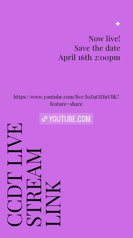 Purple promotional graphic for a live event with the text 'CCDT Live Stream' and details of the date, time, and YouTube link.
