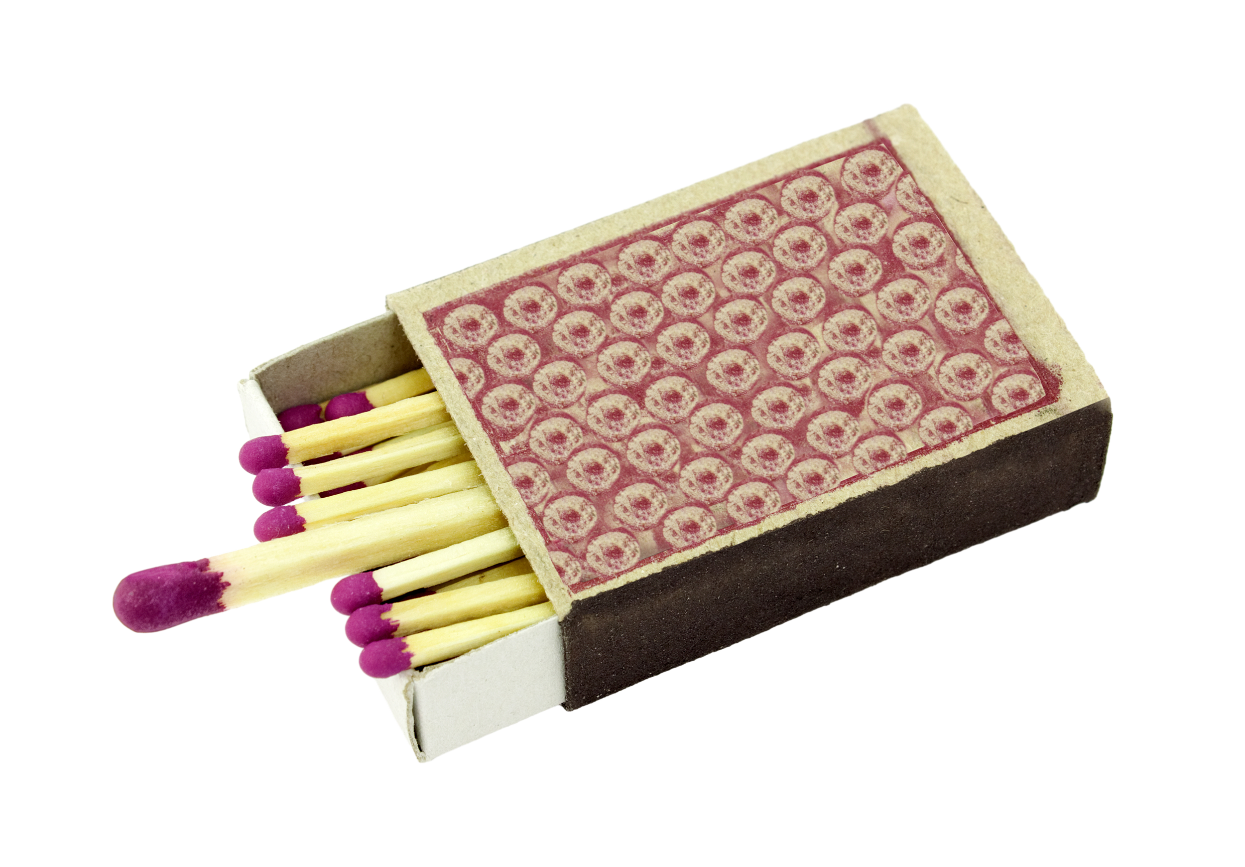 A box of matches with purple-tipped heads, partially pulled out, lying next to a cardboard matchstrike box.
