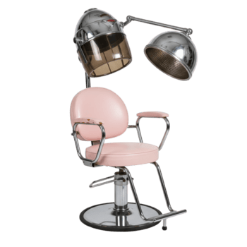 A pink salon chair with metal armrests and a hydraulic base