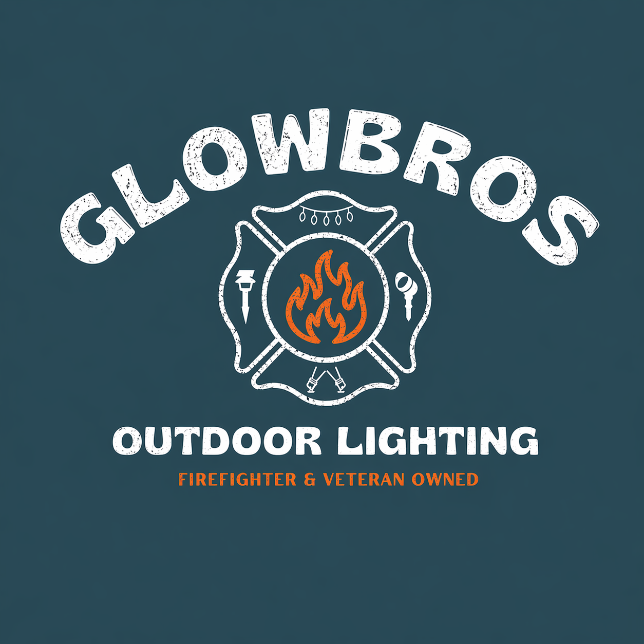 Logo for Glowlbrows, outdoor lighting company, featuring a firefighter badge with a flame in the center, surrounded by firefighting tools, and text indicating firefighter and veteran ownership.
