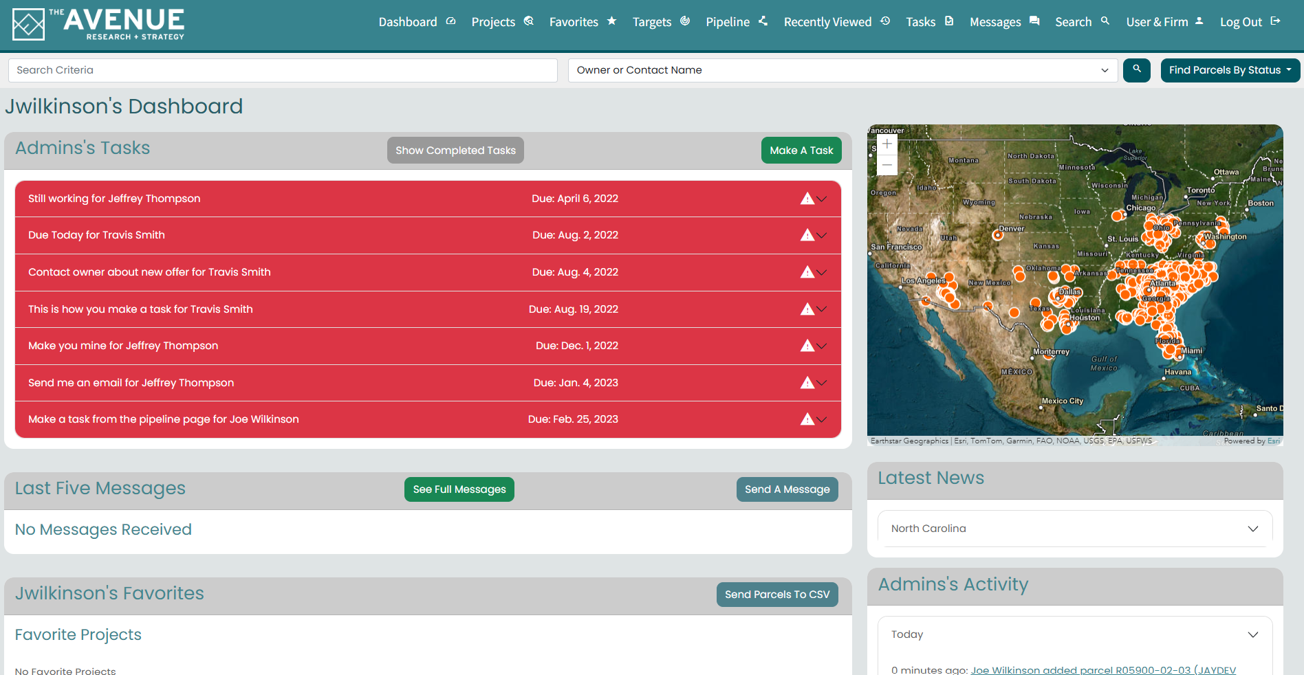 Screenshot of a property management dashboard showing a list of pending tasks on the left, a map of the United States with numerous markers indicating properties or activity, navigation menu at the top, and sections for messages, news, and activity.
