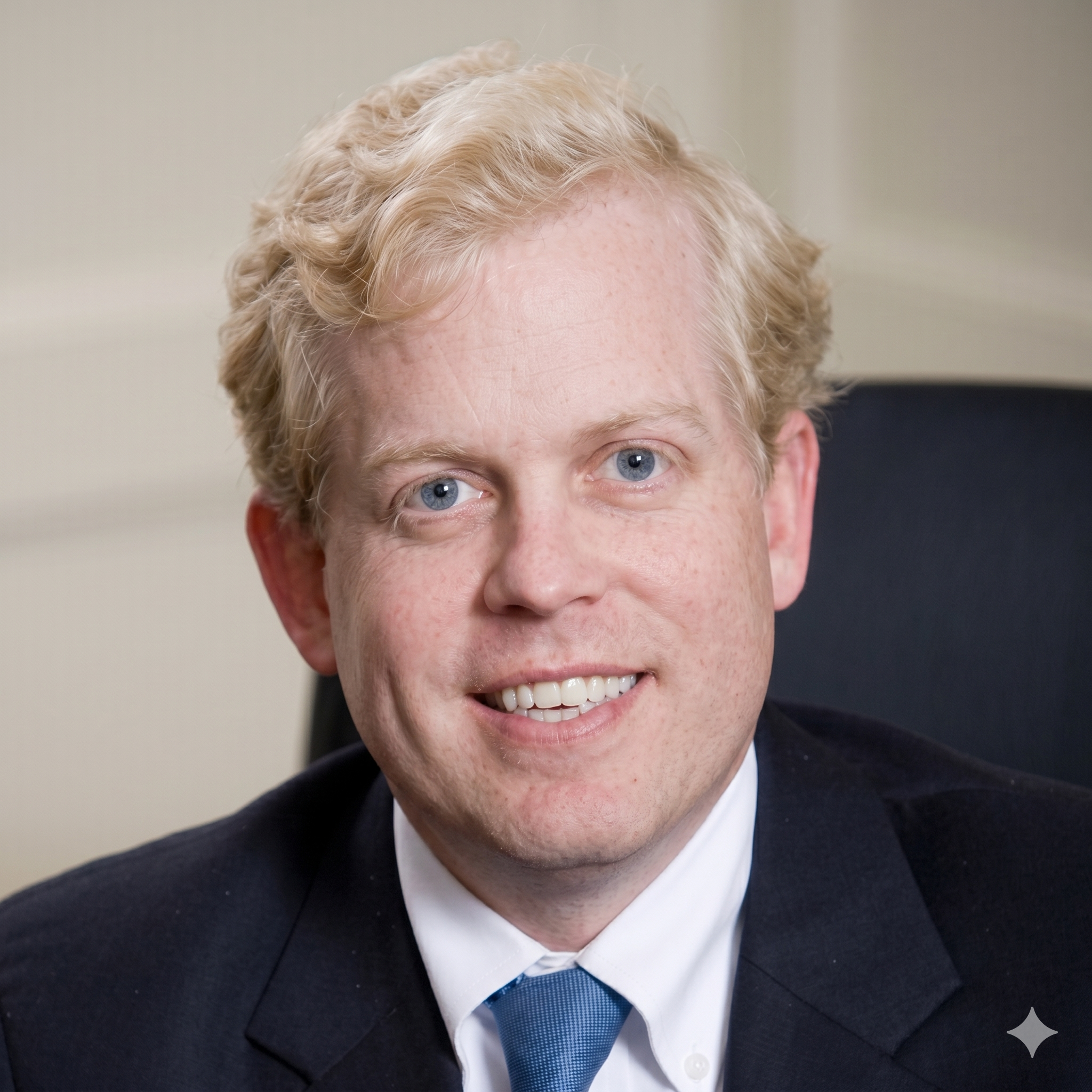 Close-up of man with blonde curly hair, blue eyes, wearing a navy blue suit, white shirt, and blue tie, smiling.