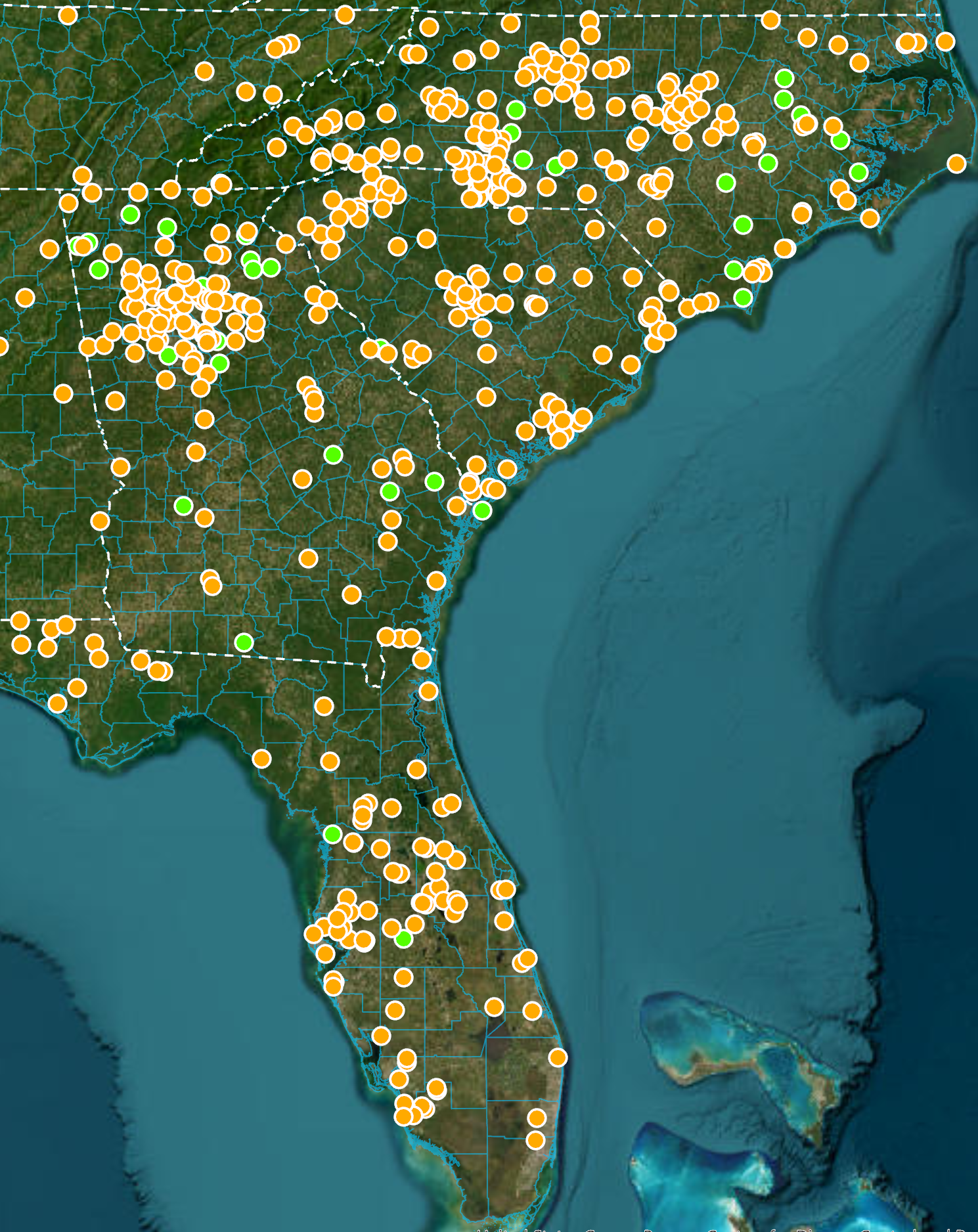 Map of the southeastern United States showing multiple locations marked with orange and green circles, indicating specific geographic points or data points.