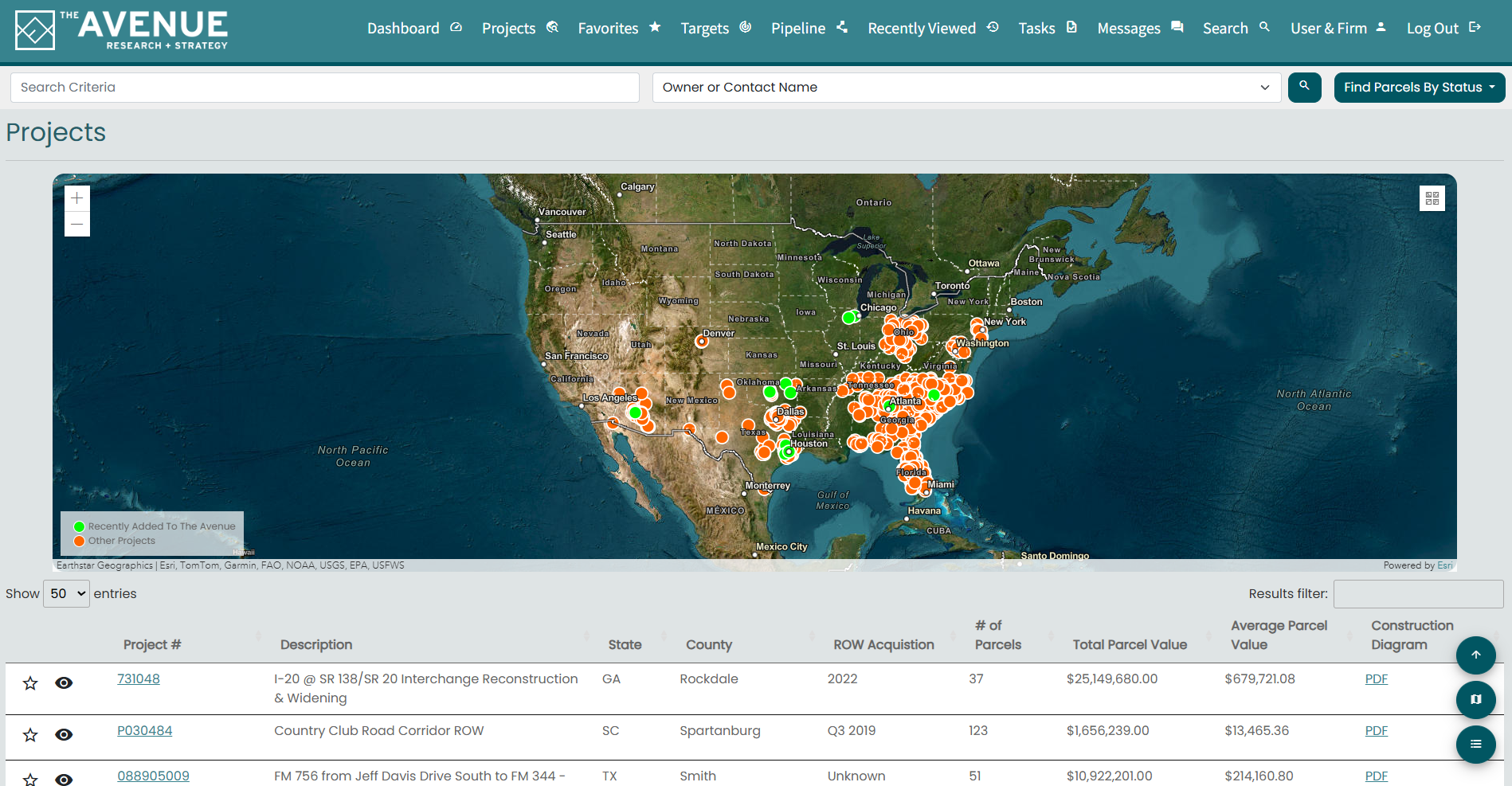 Screenshot of an online project management platform called 'The Avenue', displaying a map of the United States with project locations marked by colored dots, and a list of projects with details below the map.