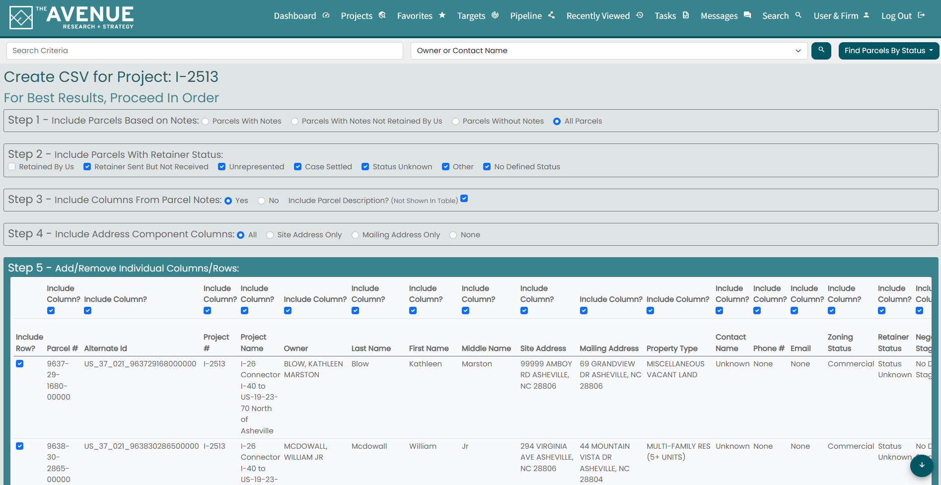 Screenshot of a web dashboard titled 'Create CSV for Project: I-2513' from the Avenue Research & Strategy platform, showing options for including parcel notes, retainer status, address components, and columns for adding or removing individual table columns, with sample parcel data listed.