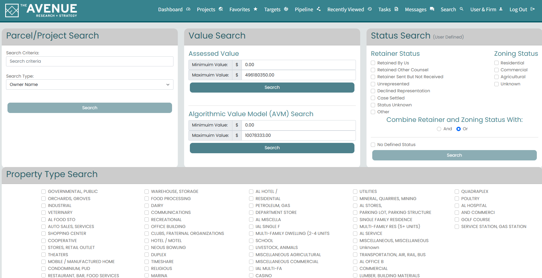 Screenshot of an online property research platform called The Avenue showing search options for parcels, projects, and property types, with filters for value, status, retainer and zoning, and property categories.