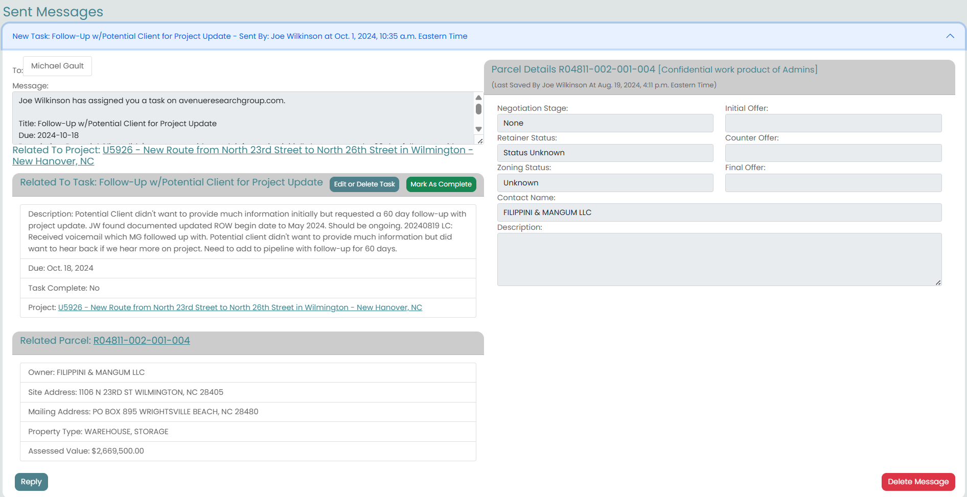Screenshot of an email or task management interface showing a message about a follow-up task for a client project. The message details a potential client's response and follow-up plan, with project and parcel information, including addresses and property values.