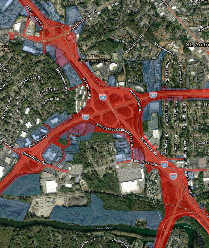 A satellite map showing a major highway intersection with roads labeled Bush River Rd, Berryhill Rd, and Zimalcrest Dr, surrounded by residential areas, schools, and green spaces near the Saluda River.
