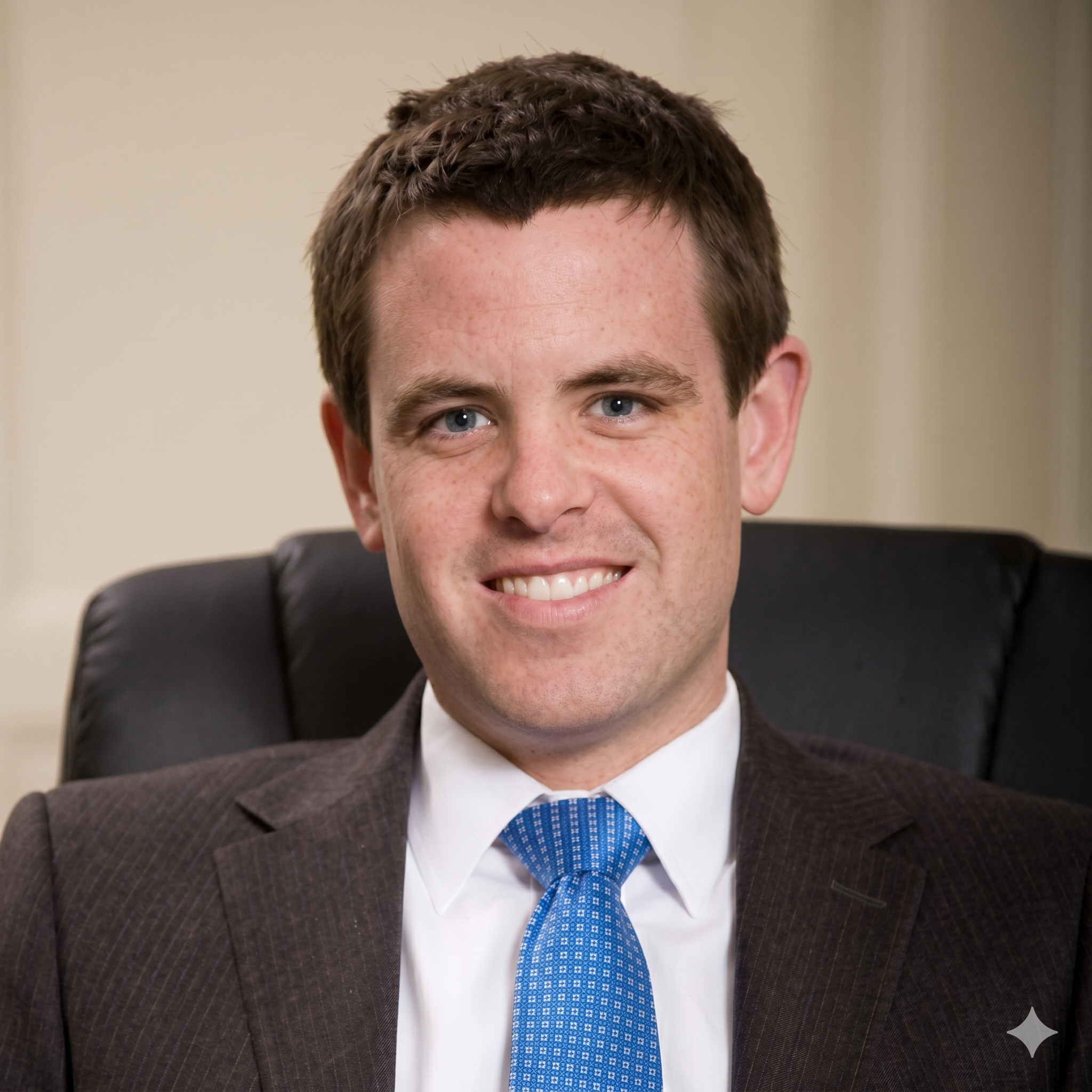 Close-up of a smiling young man in a suit, wearing a blue patterned tie, with a blurred background.