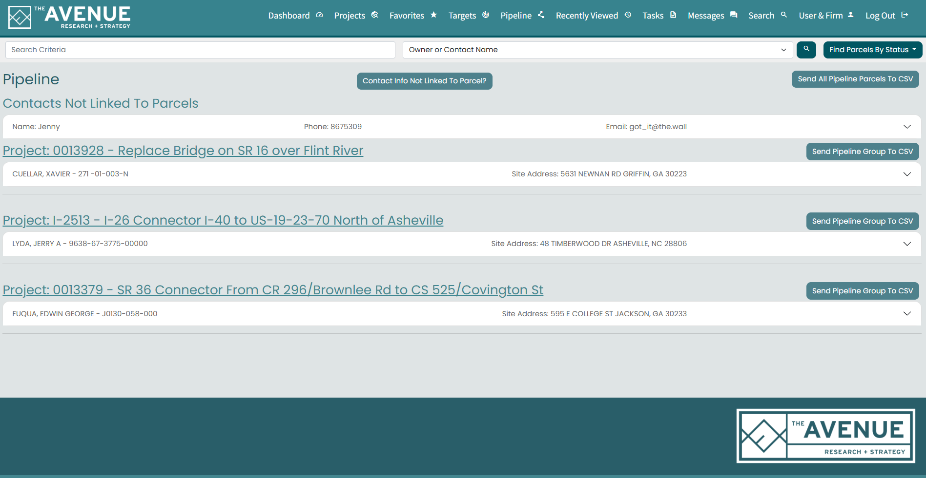 Screenshot of a project management web application named 'The Avenue Research + Strategy' showing a list of pipeline projects with contact information, project names, site addresses, and options to send data to CSV.