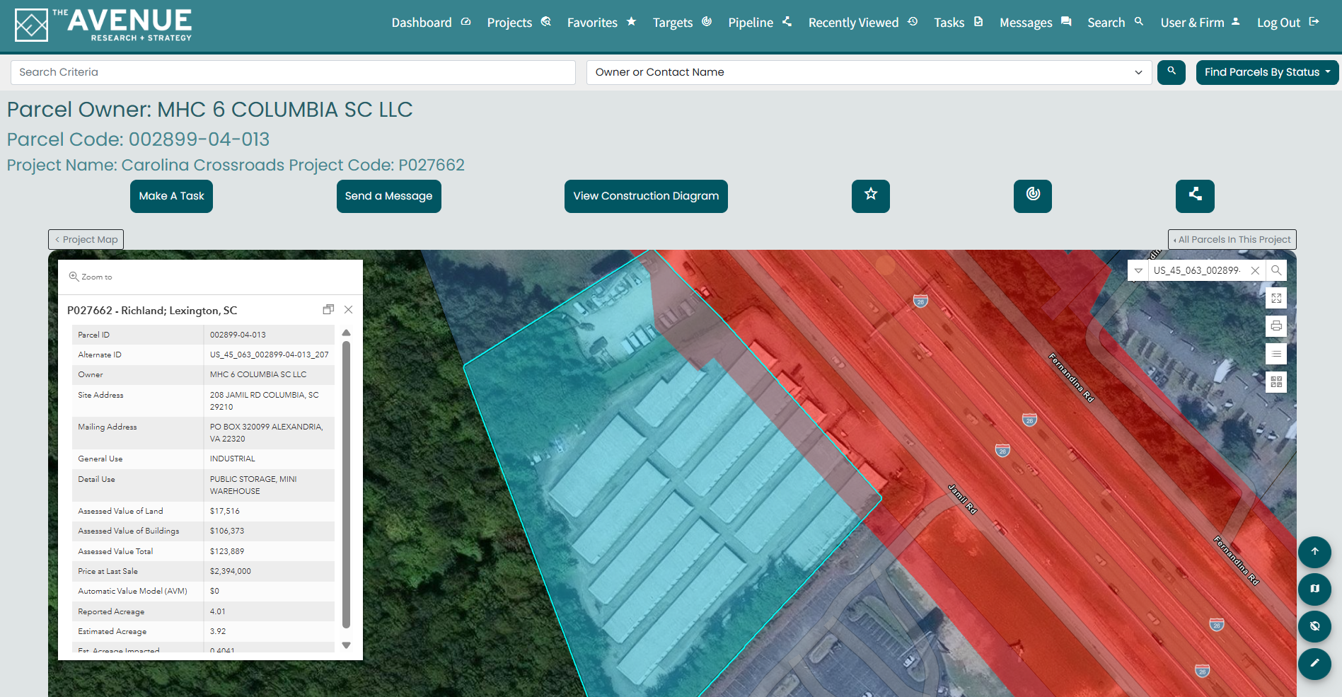 Screenshot of a parcel management webpage showing a map with color-coded property boundaries, cadastral information, and zoning details around Fernandina Road in Lexington, South Carolina.