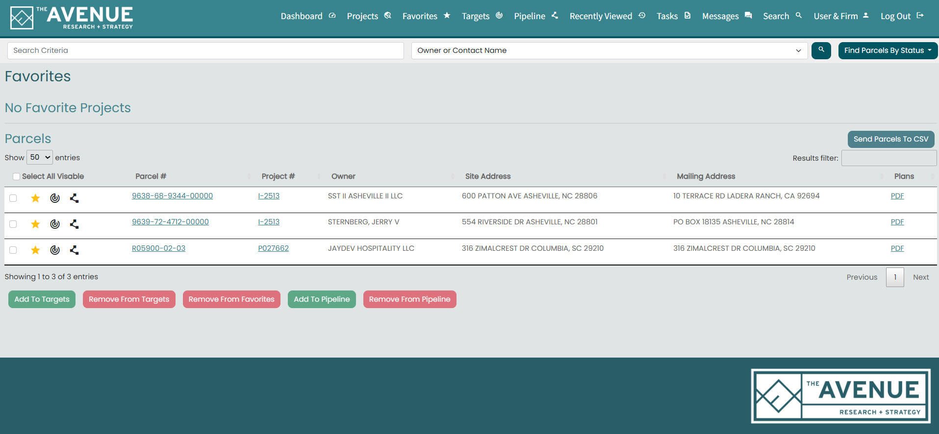 Screenshot of The Avenue Research & Strategy online parcel management system showing a list of three parcels with details such as parcel number, project number, owner, site address, mailing address, and plans. Buttons for adding to targets or pipeline, removing from targets or pipeline, and exporting data are visible at the bottom.