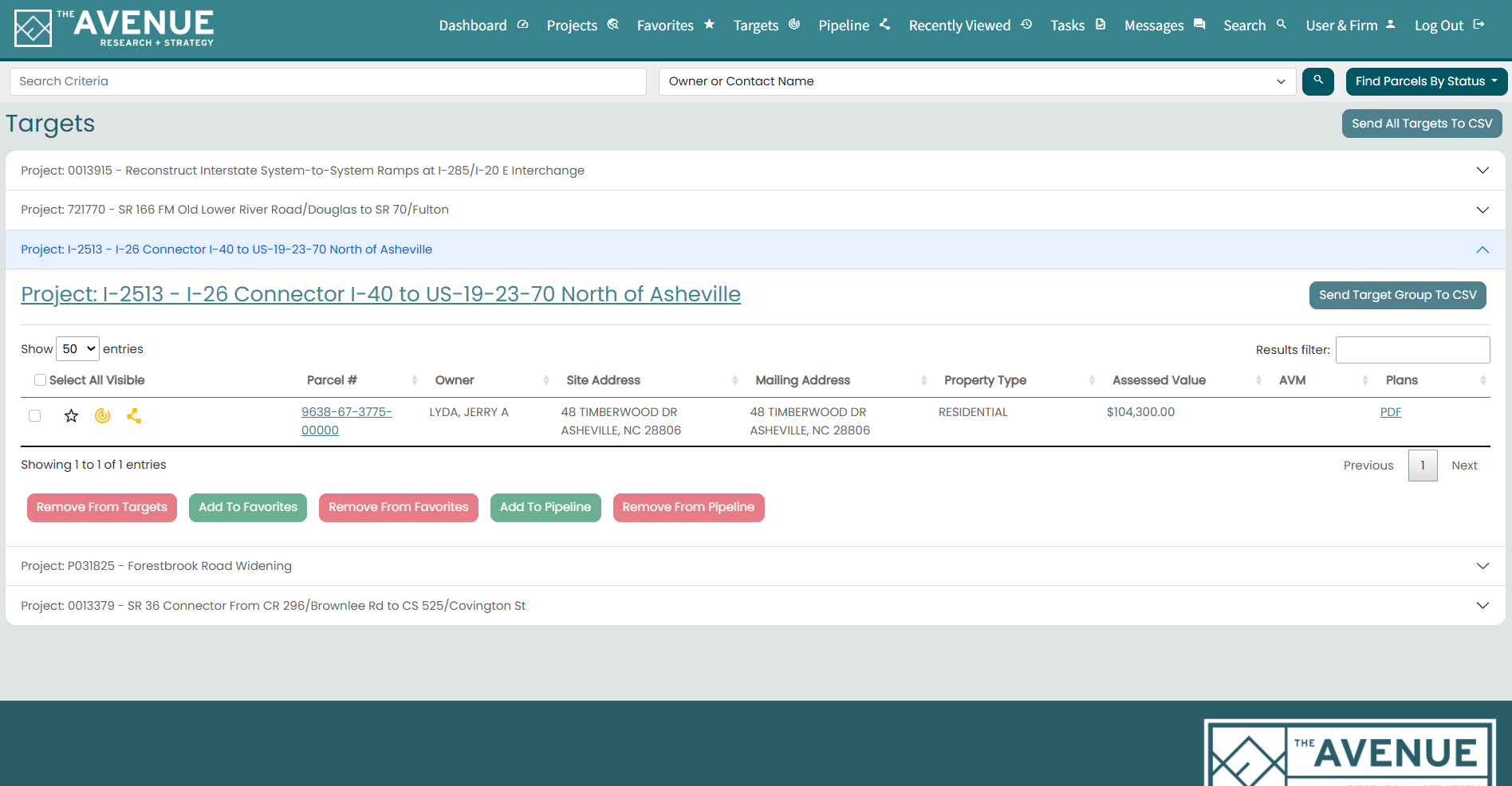 The screenshot displays a detailed project management dashboard from The Avenue, a research and strategy platform. The interface shows a list of property parcels with information such as parcel number, owner, site and mailing addresses, property type, assessed value, and links to PDF plans. The project being viewed is titled 'I-2513 - I-26 Connector I-40 to US-19-23-70 North of Asheville,' with options for managing targets and targets groups, and a menu bar at the top with links to dashboard, projects, favorites, targets, pipeline, recently viewed, tasks, messages, search, user and firm settings, and log out.