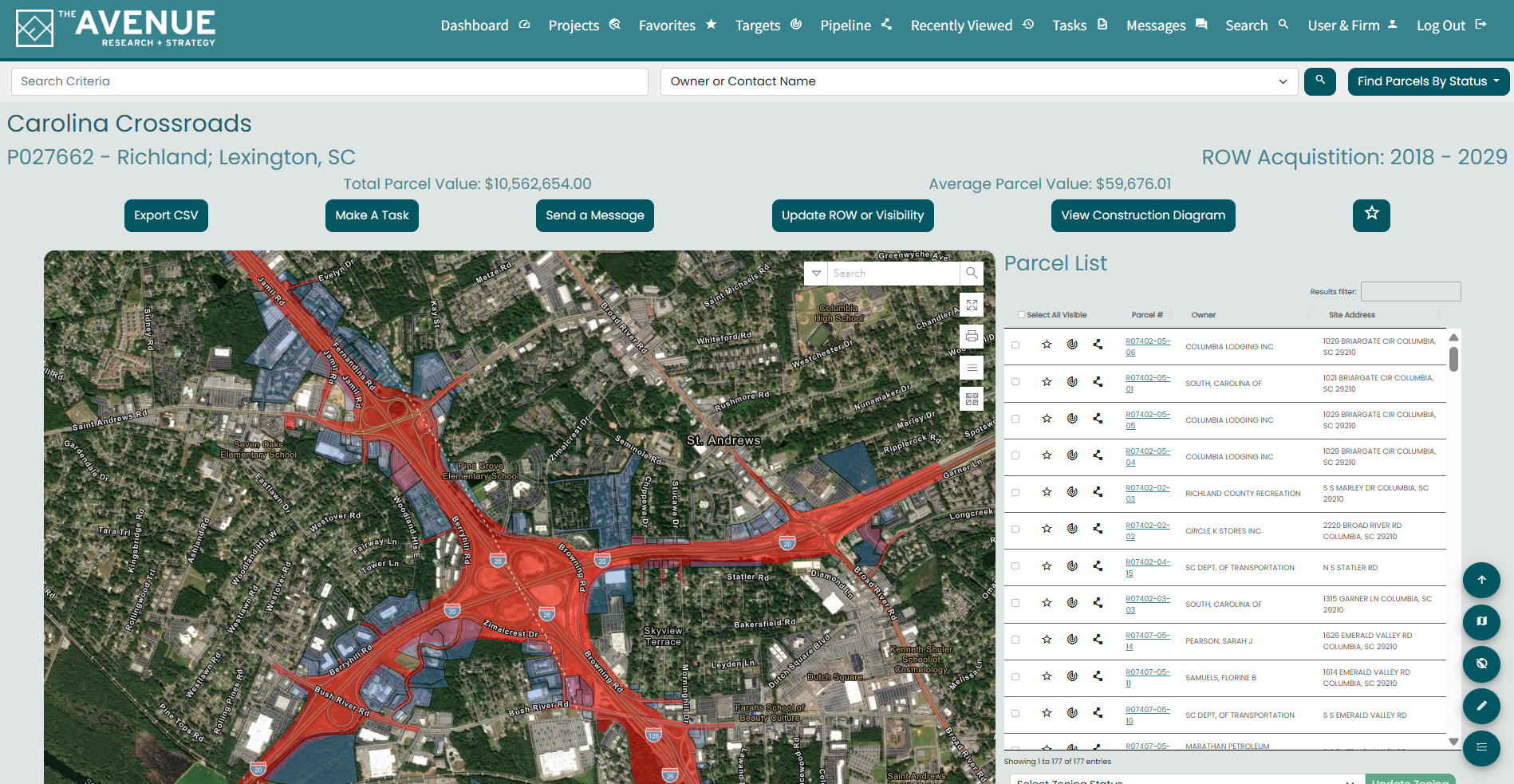 Interactive map focused on the Carolina Crossroads property in Richland, Lexington, SC, showing parcel boundaries and infrastructure details, with a list of parcels and owner information on the right.