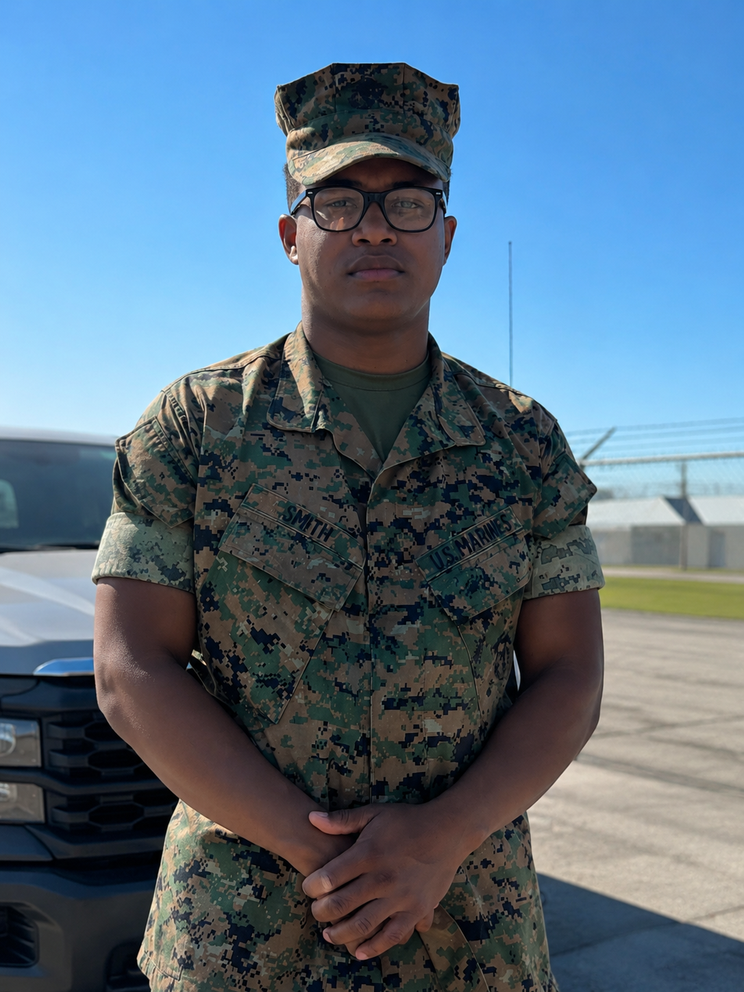 A young man in U.S. Marine camouflage uniform standing outdoors. He is wearing glasses, a camouflage cap, and his hands are clasped in front of him. The background includes a fence, a parked vehicle, and a clear blue sky.