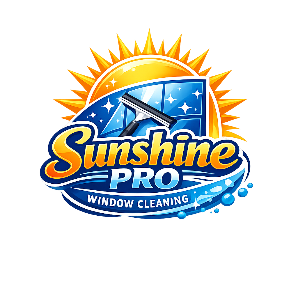 Logo for Sunshine Pro Window Cleaning featuring the sun, a squeegee, and sparkling clean window.
