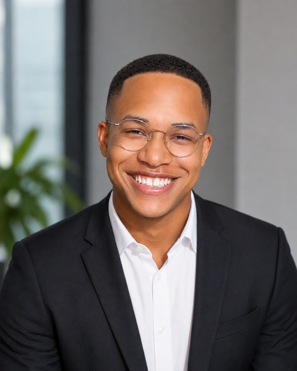 Portrait of a smiling young man in a suit and glasses, indoors with a blurred office background.