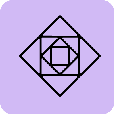 A black geometric design with interconnected lines forming a diamond shape on a light purple background.