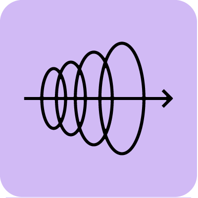 A black line drawing of a wave or oscillation pattern with multiple loops getting larger from left to right, on a purple background.