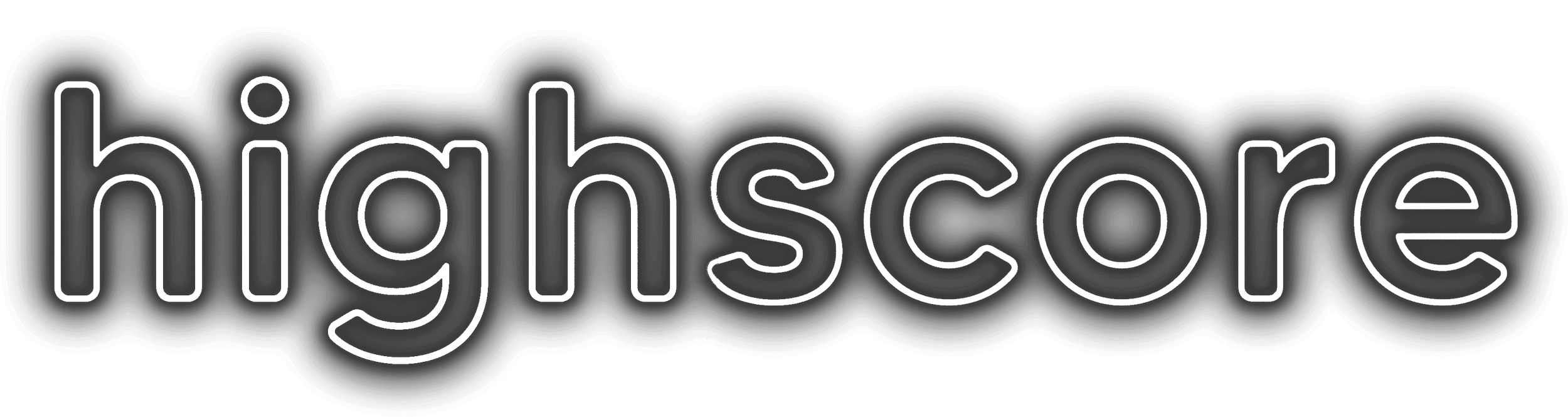 Neon sign with the word 'highscore' in white outline letters on a black background.