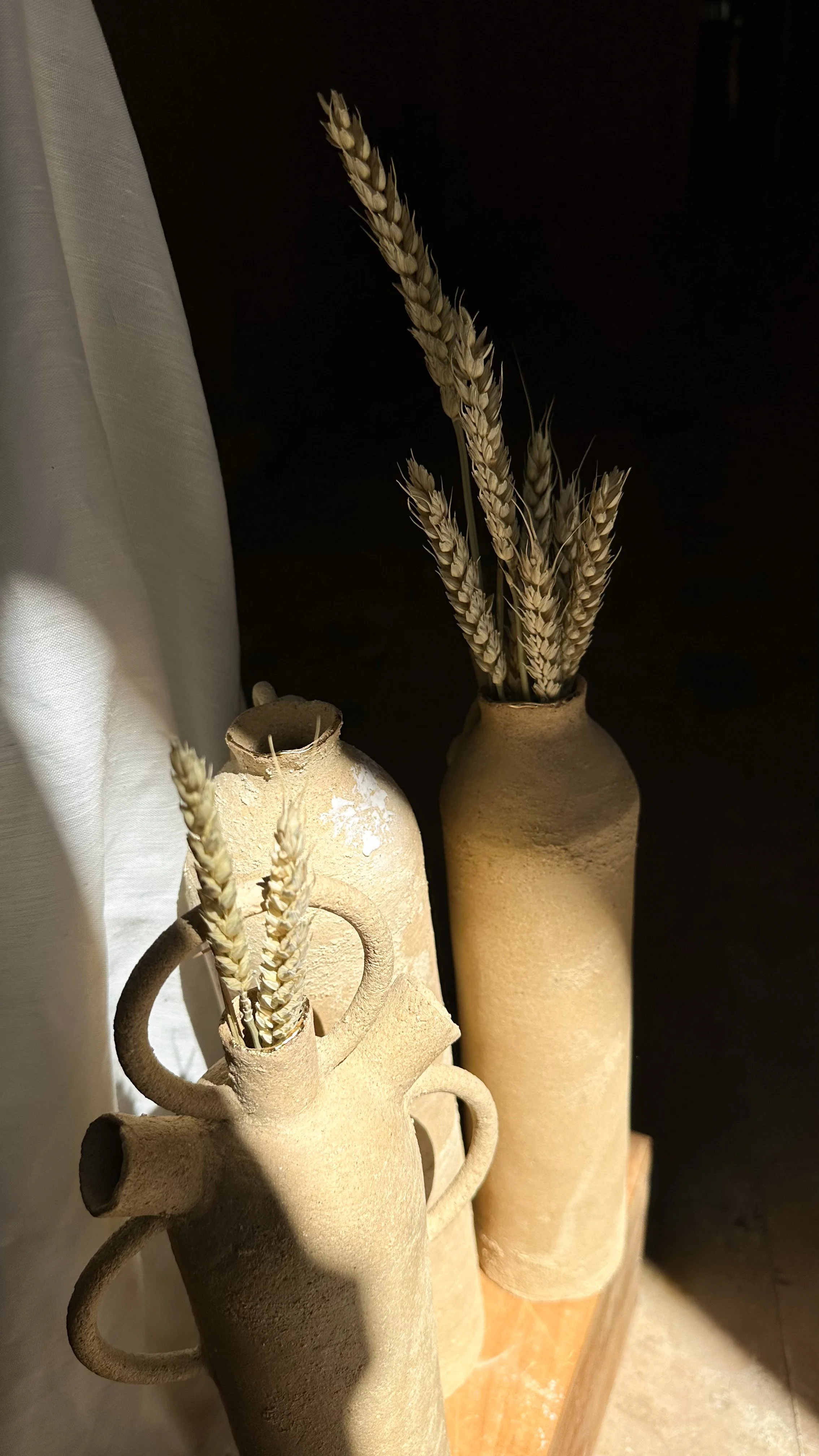 Vases en terre cuite contenant des épis de blé séchés.